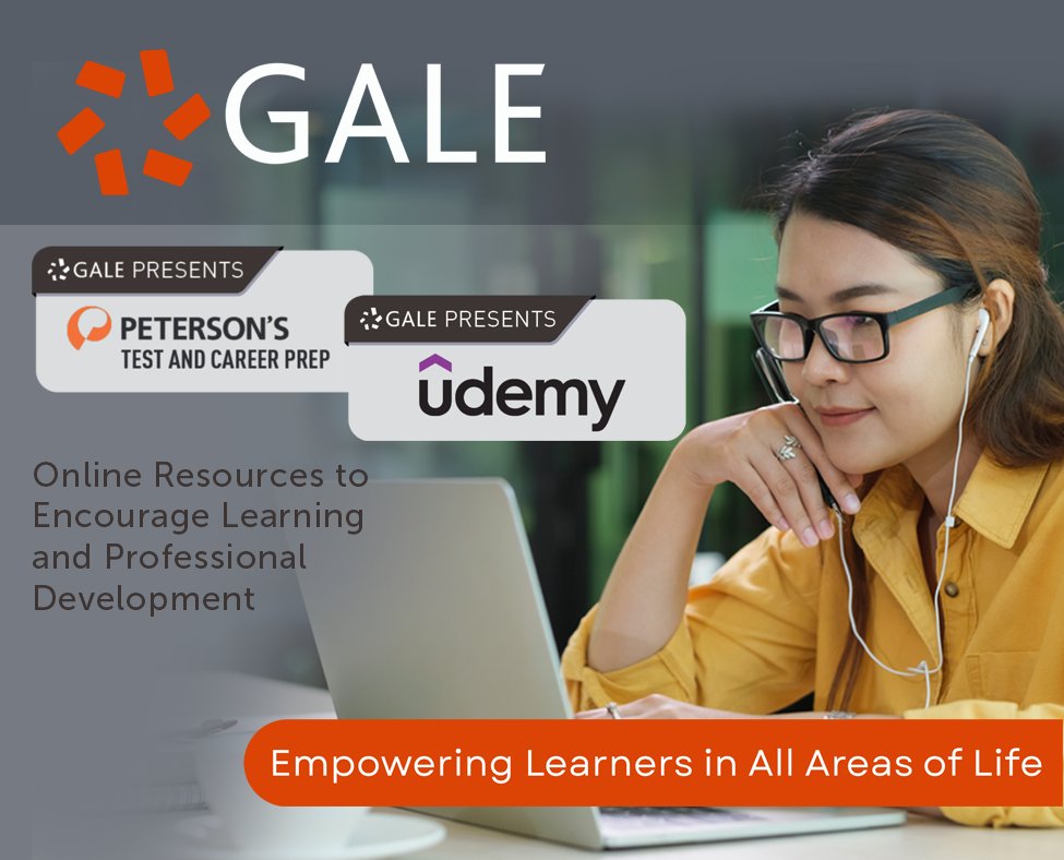 Trying to improve skills or prepare for a test or new career? Gale online learning can help. With databases such as Udemy and Peterson’s Test and Career Prep, Gale provides the resources you need to take yourself to the next level. 
link.gale.com/apps/menu/adul…