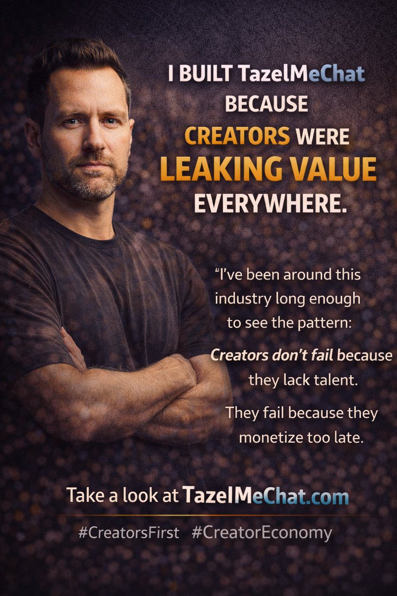 TazelMeChat's tweet image. I didn’t build TazelMeChat because the world needed another platform.

I built it because creators were leaking value everywhere.

Private DMs.
Voice notes.
Emotional energy.
Access.
All free.
Meanwhile, platforms profit from your engagement.
I’ve been around this industry long