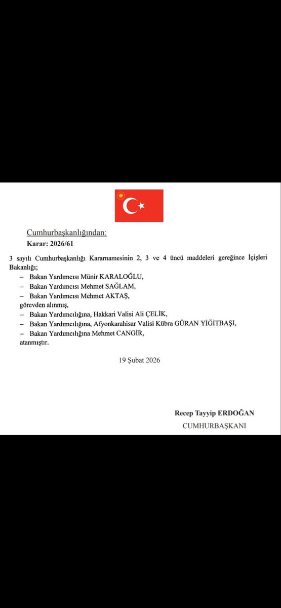 Cumhurbaşkanlığı Kararnamesi ile Türkiye Cumhuriyeti İçişleri Bakan Yardımcılığına atanan Afyonkarahisar Valimiz Sayın Kübra Güran YİĞİTBAŞI (<a href="/kubrayigitbasi/">Doç. Dr. Kübra Güran Yiğitbaşı</a>)’yı tebrik ediyorum. Rabbim yar ve yardımcınız olsun.

🇹🇷🇹🇷🇹🇷🇹🇷🇹🇷🇹🇷🇹🇷🇹🇷🇹🇷🇹🇷🇹🇷🇹🇷🇹🇷🇹🇷🇹🇷