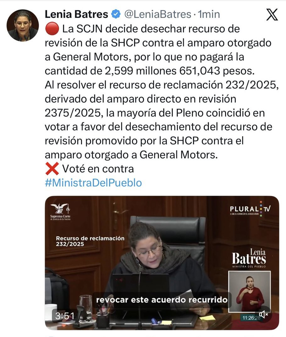 ErnestoGuerra_'s tweet image. A LO MEJOR A LENIA BATRES LE INTERESA SER LA JEFA DEL SAT DEL GOBIERNO FEDERAL O SECRETARIA DE HACIENDA.

Aunque no se decidía cuál tuit poner y borró en dos ocasiones su contenido, al final se manifestó en contra de lo que hoy el Pleno decidió a la empresa General Motors👇🏻👇🏻