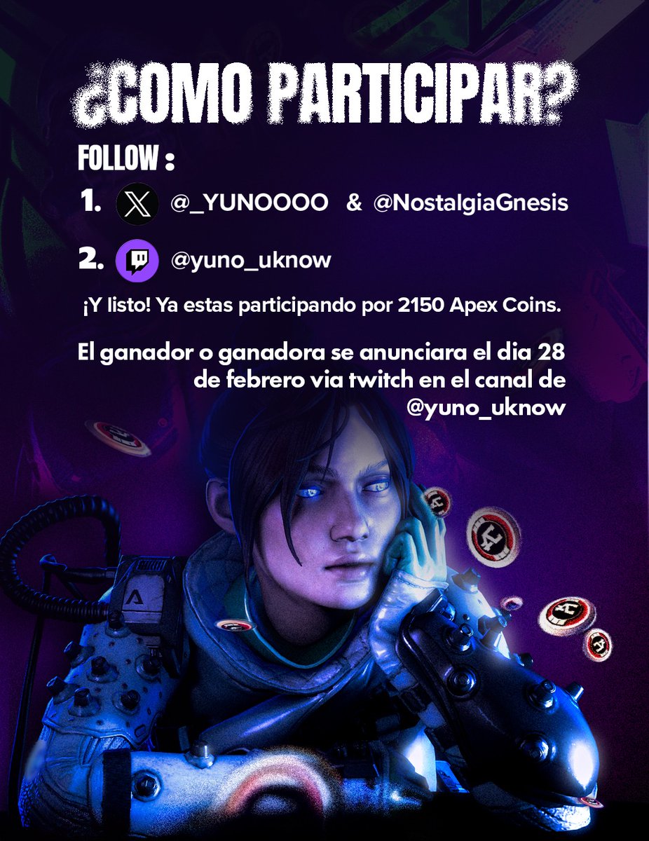 🚨 ¡NO SE QUEDEN FUERA ! 🚨 

Queremos finalizar febrero con este gran 𝗦𝗢𝗥𝗧𝗘𝗢 con nuestra querida creadora de contenido  <a href="/_YUNOOOO/">Yuno | Nostalgia</a> 🤩🫰

¿Cómo participar?  ⬇️

Darnos follow en nuestras redes sociales:

✅️ <a href="/NostalgiaGnesis/">𝐍𝐨𝐬𝐭𝐚𝐥𝐠𝐢𝐚</a> 
✅️<a href="/_YUNOOOO/">Yuno | Nostalgia</a>
✅️ Regalar un follow en el canal