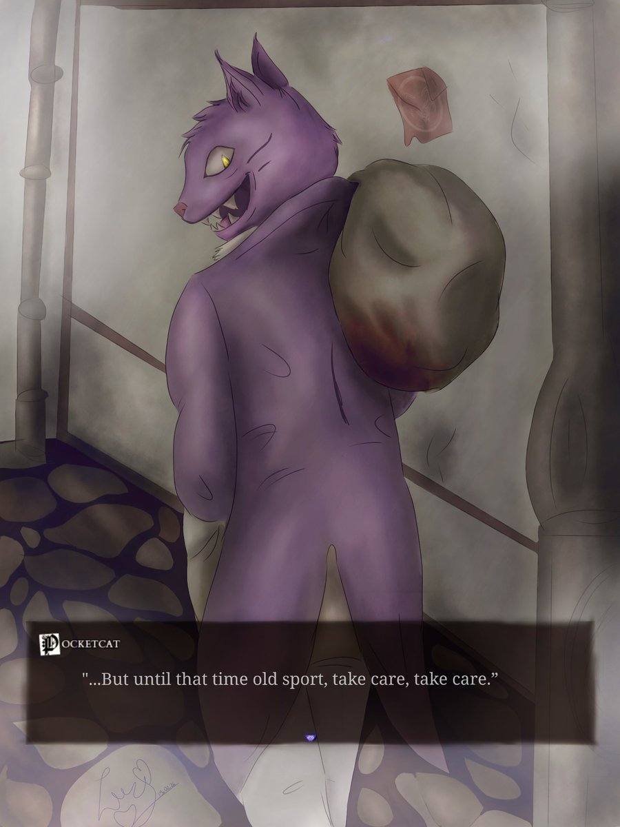 LuziGamerFox's tweet photo. Pocketcat 💜🐈‍⬛ 
Finally my Pocketcat drawing is done even i Had a Fight With the Background! 

#pocketcat #fearandhungertermina #digitalartwork #fearandhungerfanart https://t.co/3v4kpGobGh