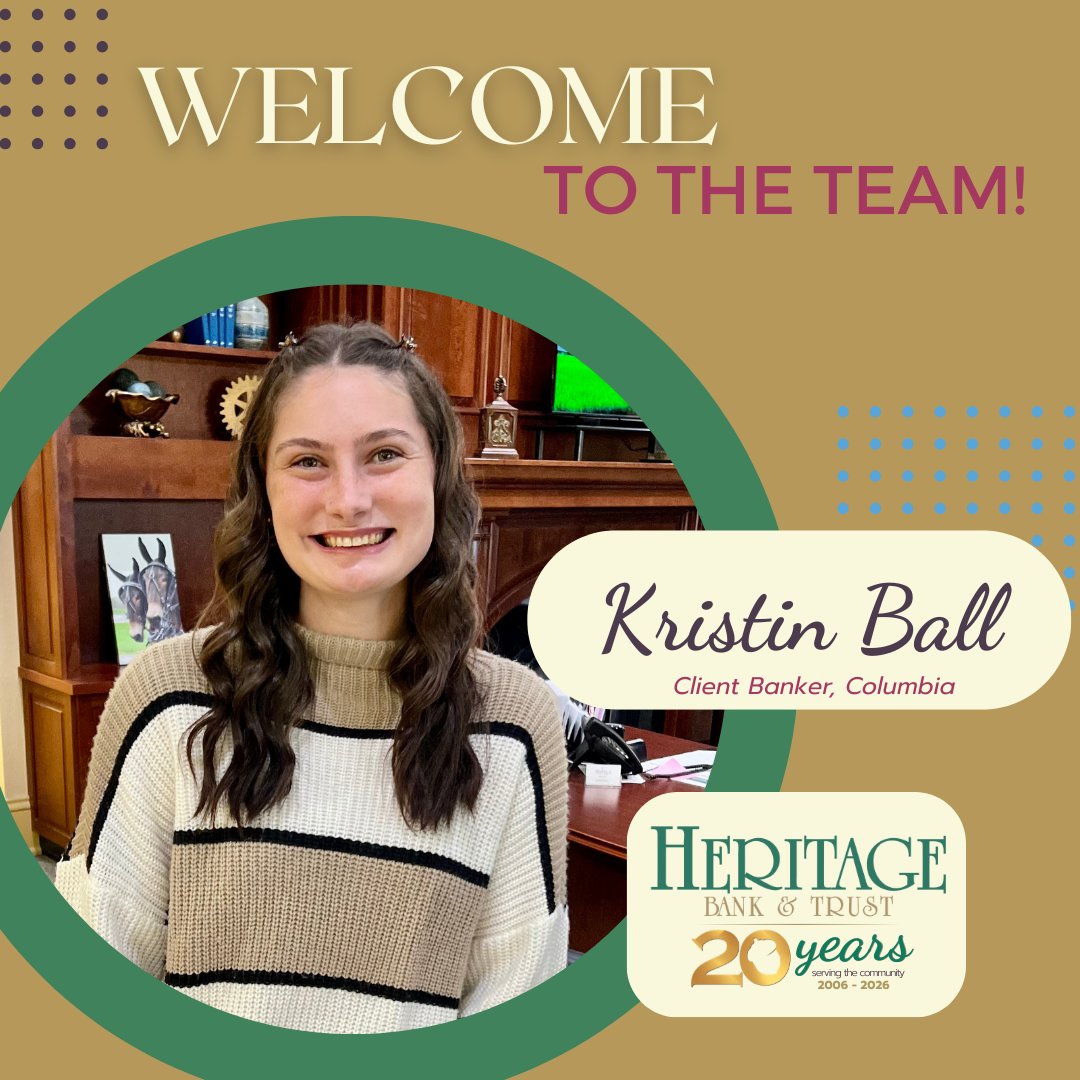 🎉 We are thrilled to welcome KRISTIN BALL to the Heritage team! 🎉

Kristin is a Client Banker at the Columbia location.  She will always greet you with a smile!

#weloveourstaff #truecommunitybanking #weloveourcommunity
