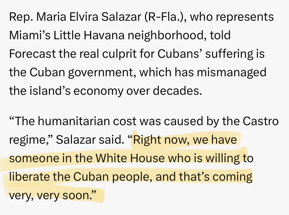 Yes, let’s liberate the Cuban people by starving them of any fuel whatsoever.

It’s astounding she can say this with a straight-face given the deprivation in the island and the fact that Washington currently has a fuel embargo in place. Not a serious person.