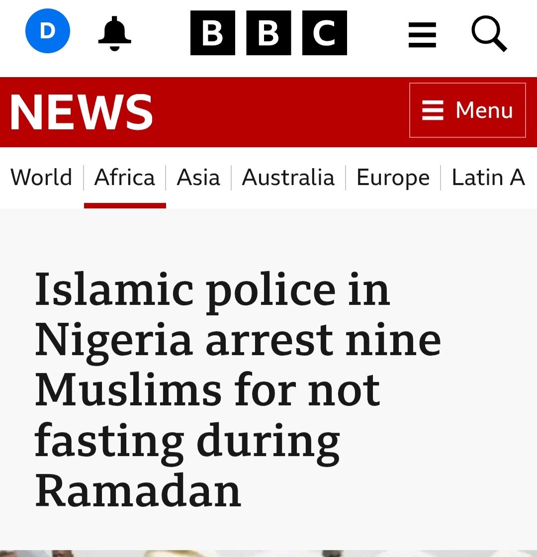 The unbelievable thing here isn’t that nine people in Nigeria were arrested for not fasting during Ramadan.

Nigeria has been sliding towards Islamic violence, extremism, and coercion for years.

The real surprise is that <a href="/BBCNews/">BBC News (UK)</a> chose to report it.