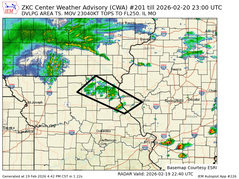ZKC issues CWA 201 till 20 Feb 2300Z ... DVLPG AREA TS. MOV 23040KT TOPS TO FL250. IL MO mesonet.agron.iastate.edu/p.php?pid=2026…