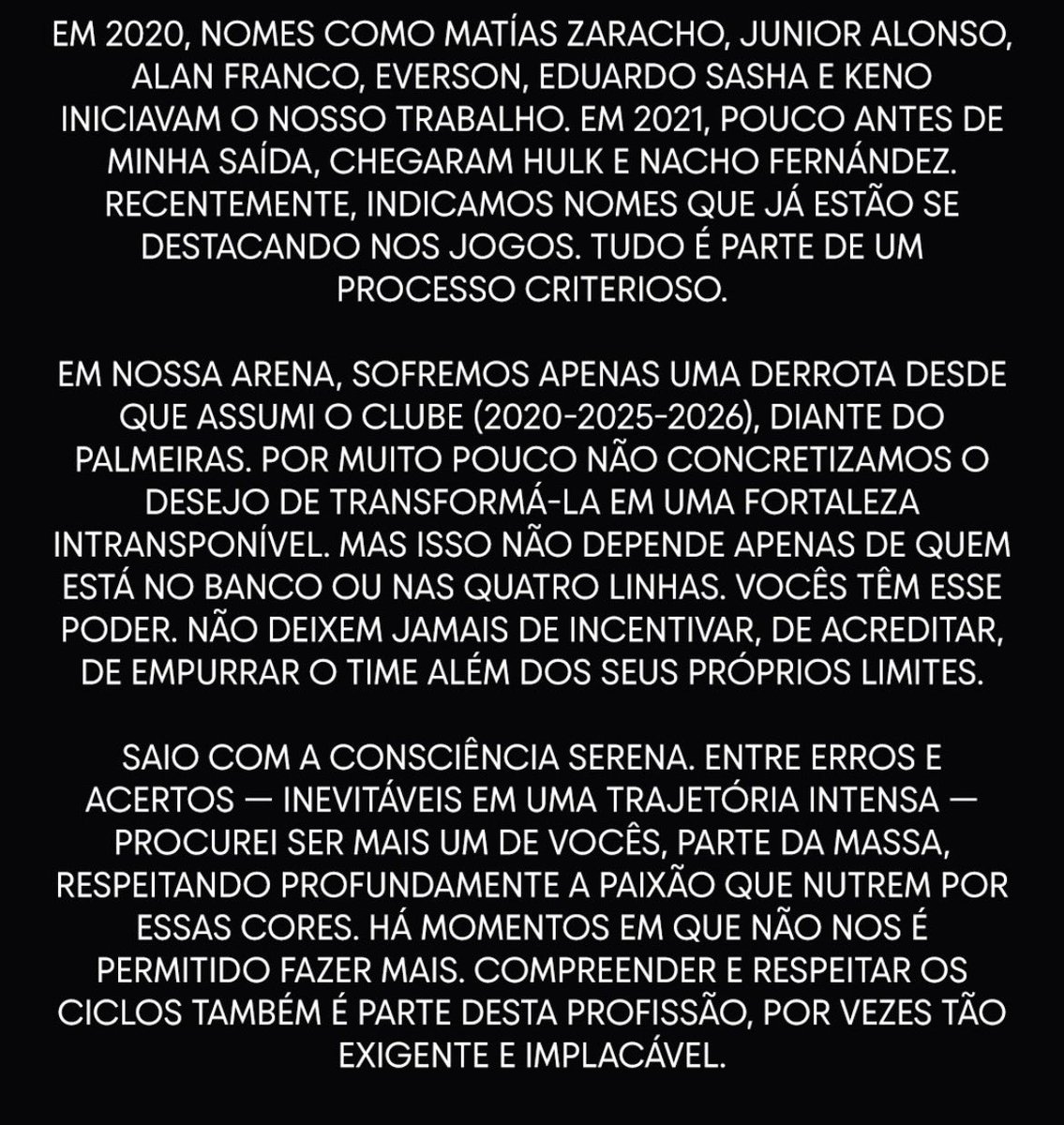 CentralDoCAM's tweet image. O técnico Jorge Sampaoli fala pela primeira vez após sua saída do Galo.

“Permanece, em mim, o sonho de um Atlético à altura de sua história e de sua torcida”, escreveu.

📸 Reprodução