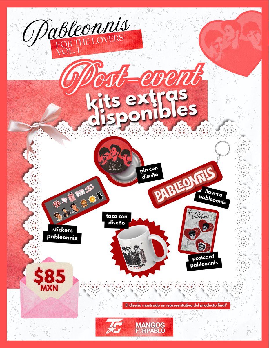 💘 KITS EXTRAS DISPONIBLES 💘

Gracias al recibimiento de los kits y a su interés en ellos, estarán disponibles pcs extras el 21 de febrero en el evento Pableonnis. 

🗓️ 21 de febrero 2026
📍ASTROBAR, CDMX en el evento 

¡Aparta el tuyo antes de que se acaben!

Link 🔗