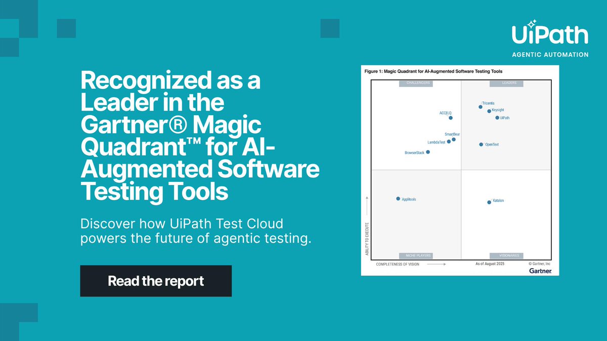 robots4testing's tweet photo. QA that fuels, not fails. ⛽📈 With #agentictesting in UiPath Test Cloud, QA shifts from slow and costly to fast, intelligent, and scalable. See why UiPath
 has been named a Leader in the 2025 Gartner® Magic Quadrant™: https://t.co/5kzJG3gw32 https://t.co/Z5BUbJS6os