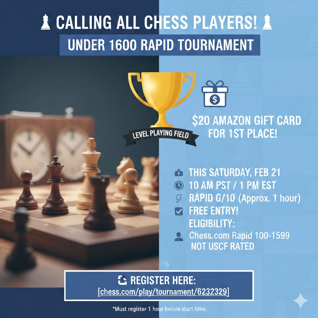 New tournament alert! 🚨
Who: Players rated 100-1599 
What: Free Rapid Tournament (G/10) 
When: Saturday, Feb 21 @ 10am PST 
Prize: $20 Amazon GC 🎁
Register at least 1 hr before start time: chess.com/play/tournamen…
#Chess #OnlineChess #ChessCom
<a href="/chesscom/">Chess.com</a>