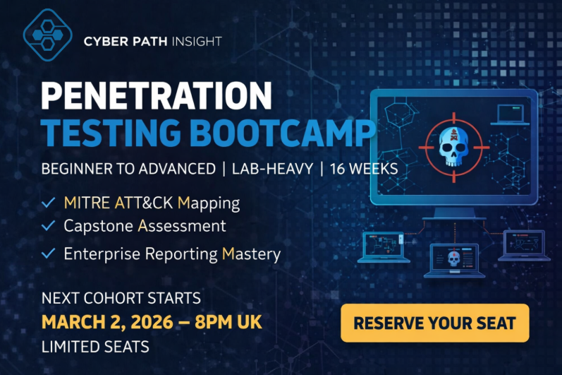 RBiakpara's tweet photo. Want to become a real penetration tester — not just a tool user?

Our 16-Week Penetration Testing Bootcamp starts

📅 March 2, 2026 – 8PM UK
⏳ Limited seats

You’ll learn to:

• Execute full scoped pentests
• Exploit web, network & AD environments
• Map attacks to MITRE ATT&CK
• Write executive-ready reports
• Defend findings like a consultant

Pathways:
Beginner
Intermediate
Full + Capstone and
Premium Mentored 

10–15h/week

Labs. Real scenarios. Capstone.

This is career-grade training.

Secure your seat:
 https://t.co/kKm1BQM65O
#CyberSecurity #PenTesting #EthicalHacking #RedTeam #CareerSwitch