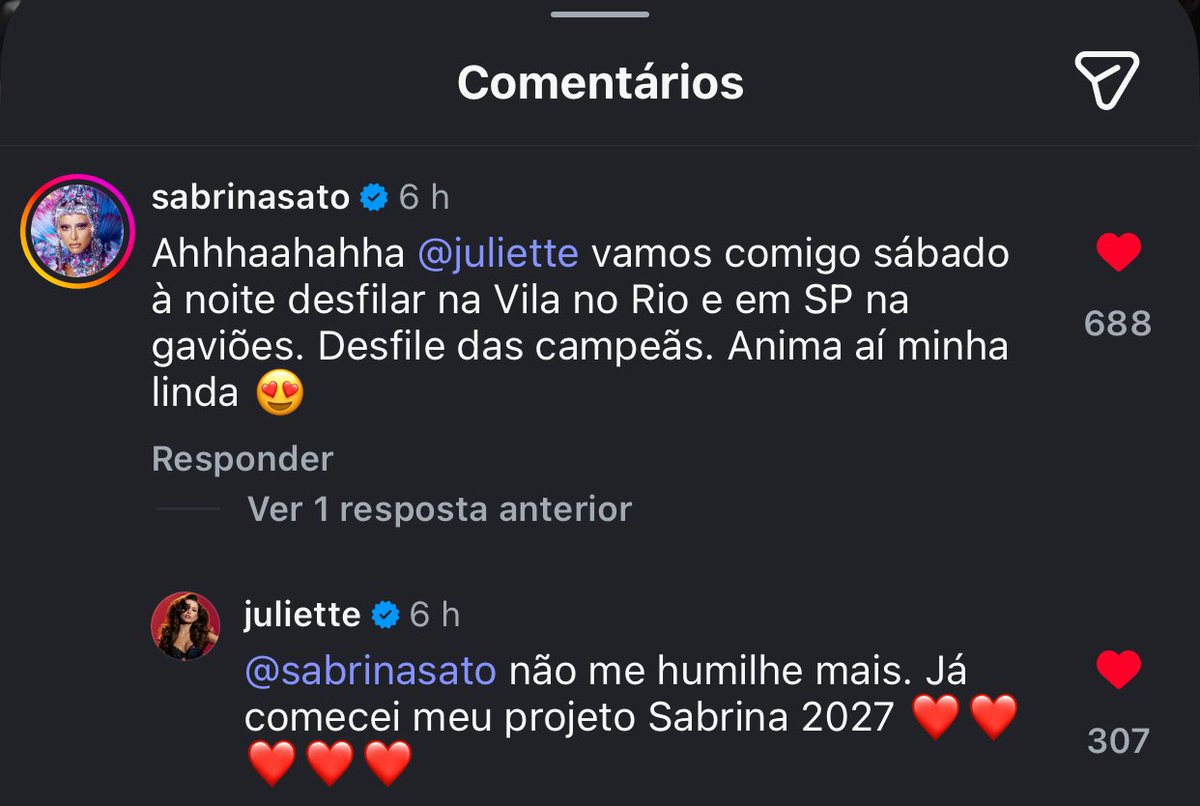 Sabrina Sato convidando Juliette para desfilar com ela sábado à noite no desfile das campeãs em São Paulo e no Rio de Janeiro. 👀