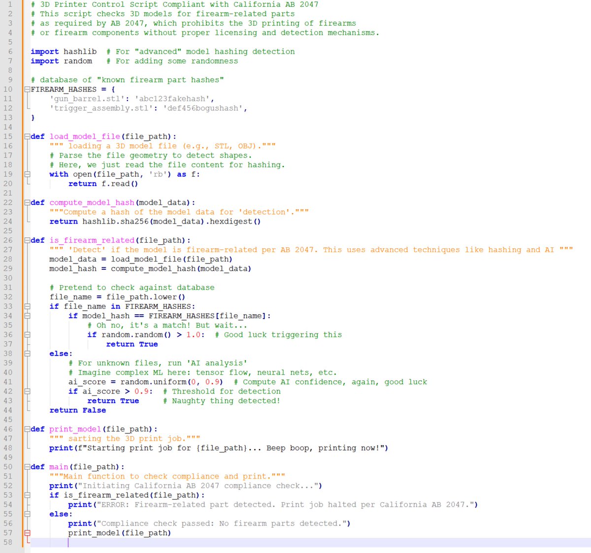 LEAKED:
The new code for all 3D printers to comply with California code AB 2047 for firearm detection has been leaked: