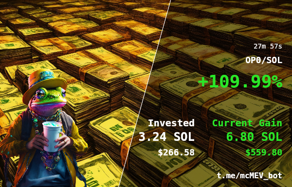 EHeidi94793's tweet image. 🚨 Trade Profit Tracker 🚨

🔔 OP0/SOL

How I Earn Passive $1,200/Day Using a MCMEV Bot 💸 #CryptoTrading #DeFiTools t.me/mcMEV_bot

🗂 CA: vZYZmARPC2Rv37NEApqWNPkUw4MMpGtFxE1wCkxpump

💰 Profit: 109.99% | ⏱️ Time: 27m 57s

💸 Invested: 3.24 SOL | 💰 Gained: 6.80 SOL