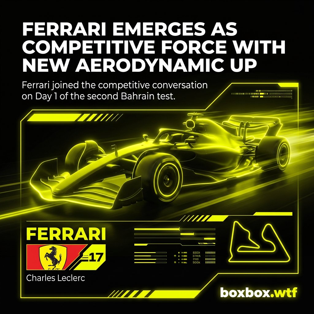 degrandpri40240's tweet photo. 🏎️ Ferrari Emerges as Competitive Force with New Aerodynamic Upgrades at Bahrain Test

Ferrari joined the competitive conversation on Day 1 of the second Bahrain test after flying

#F1 #Formula1 #F12026 #FerrariCharlesLeclerc #boxboxwtf #GrandPrix https://t.co/GZZFVrPOUp
