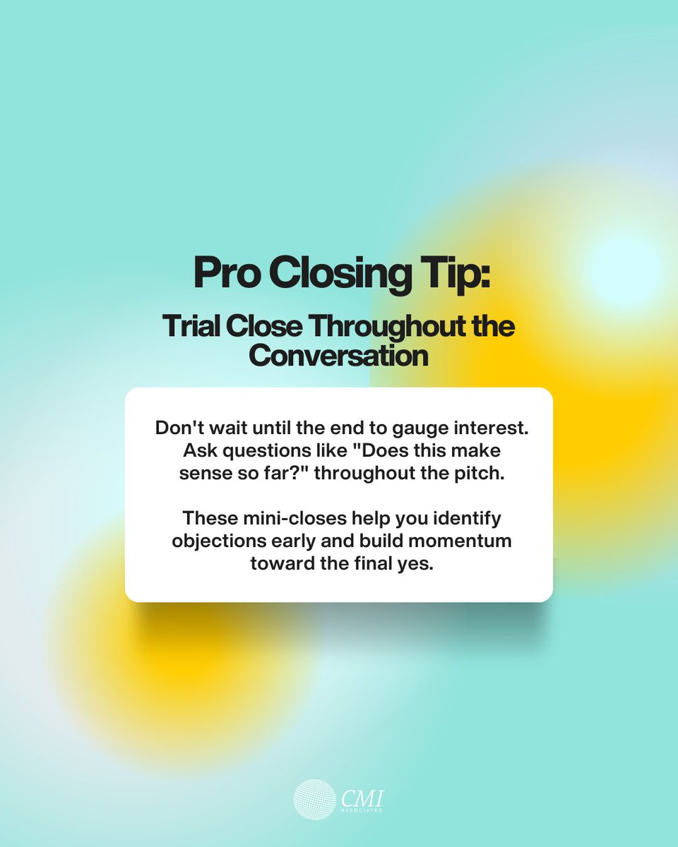 AssociatesofCMI's tweet image. Waiting until the end to see if they're interested is a rookie move. High performers check the temperature throughout the conversation. It keeps the prospect engaged and surfaces objections before they become deal-breakers. 💼 #SalesTip #ClosingTips #SalesStrategy #SalesMindset
