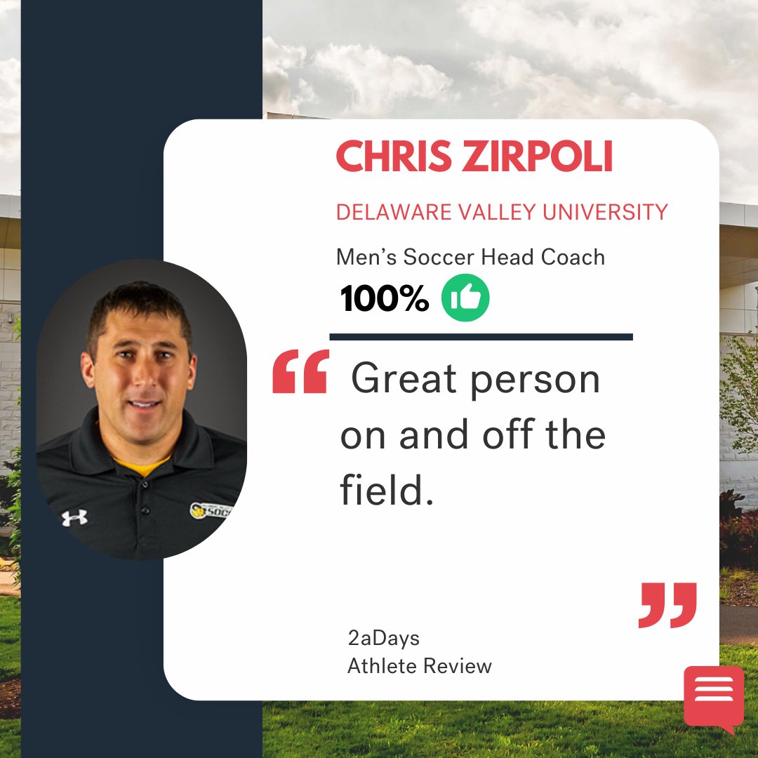 2aDays_Ratings's tweet image. Chris Zirpoli, Head Coach of @DVUAggies men's #soccer, received his first #2aDays review recently. The athlete writes that he's a great person on and off the field and notes him as "honest", "knowledgeable" and "believes in you". Read the review and #rateyourcoach: