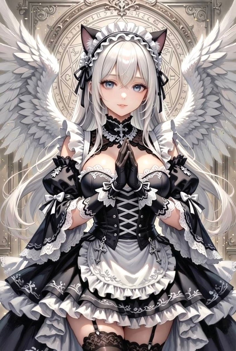 yume_meguru's tweet image. おはよー︎🤍あーす*ˊᵕˋ*🌍
今日は黒猫天使と魔法陣🪄︎︎✡️
谷間は隠して行くスタイル( ¯ᵕ¯ )🤞

最近開催された、AIイラスト企画の黒猫ぱんちに参加しようと思ったのがきっかけで、黒猫にしてみた🐈‍⬛ ͗
イベントは納得できるものできなくて間に合わなくて🥹