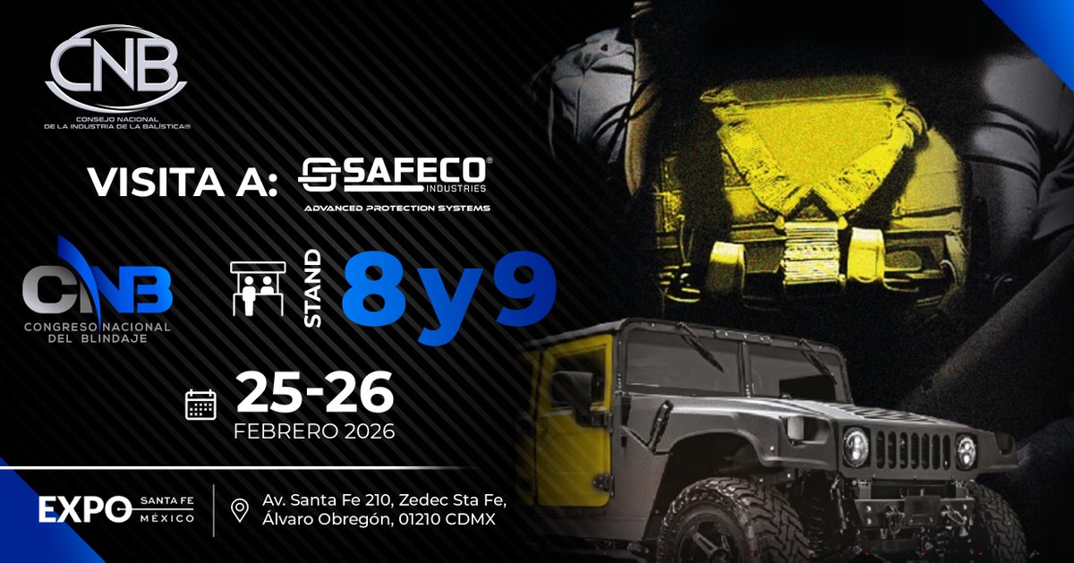 Nuestra empresa asociada SAFECO te invita a conocer sus soluciones en el diseño y fabricación de materiales balísticos, con los más altos estándares de calidad, innovación y certificación.
🛡️Visítalos en el Congreso Nacional del Blindaje
25 y 26 de febrero en Expo Santa Fé