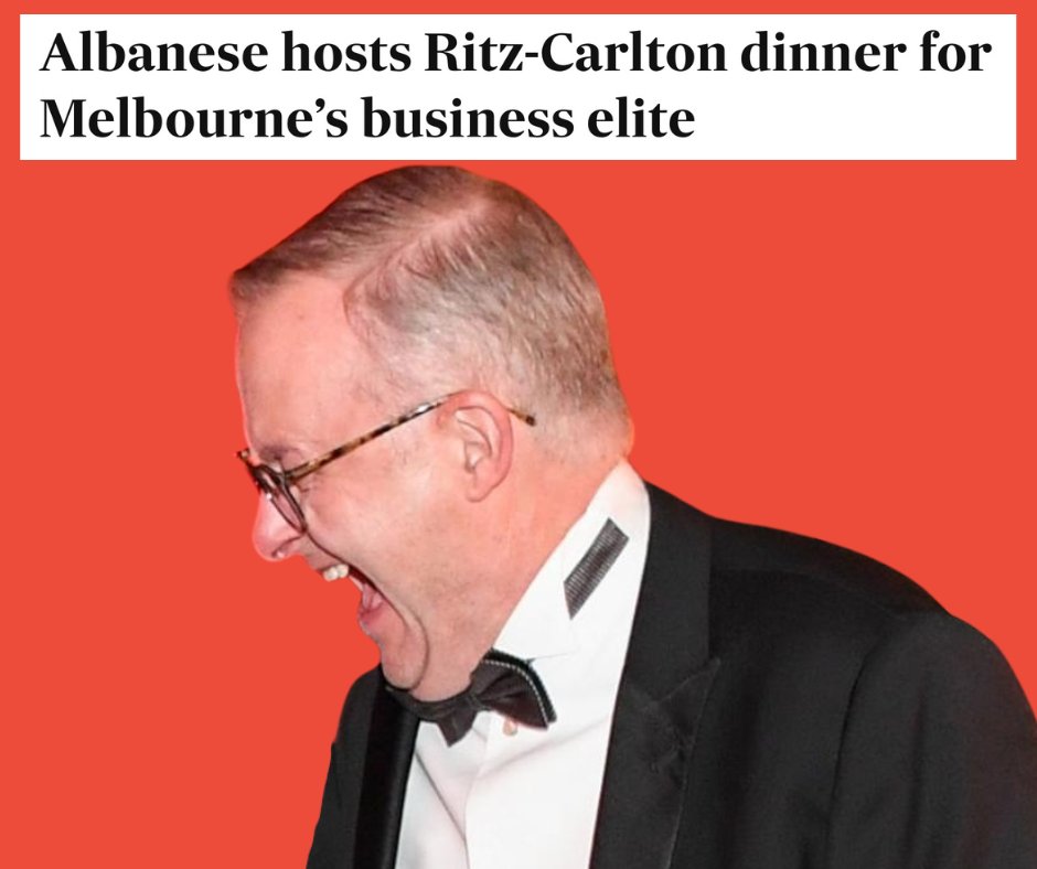craigkellyAFEE's tweet photo. CASH FOR ACCESS - $2500 for Dinner with Albanese

And Labor are rorting taxpayers by scheduling a cabinet "meeting" hours before in the same city, so they can bill taxpayers for airfares and accomodation for there travel. 

And even though Ministers get a free meal at the Labor fundraiser - they still pocket a taxpayer funded travelling allowance which meant to cover meals. 

Never have had a worse government. 

https://t.co/o0ZYiJr0As

Albanese and his grubby ministry just got caught again—schmoozing corporate fat cats and $110k lobbyist donors at the flash Ritz-Carlton in Melbourne on Thursday, straight after a taxpayer-funded "ministry meeting" that conveniently covered their luxury flights, hotels, and perks.

This wasn't governance. It was Labor's sleazy pay-for-access circus in full swing: the Federal Labor Business Forum's annual elite dinner, bankrolled by Conexus Financial, where big business buys face time with the rule-makers who decide their fate.

Albo's cynical trick? 

Schedule the full ministry pow-wow hours earlier so every minister can slap their posh travel on the public purse—then pivot straight to the cash grab. 

No shame. 
No apology.

This is the THIRD time in six months he's pulled this blatant rort: fake official business as cover for a high-roller fundraiser. 

It's not leadership—it's a taxpayer-subsidised auction of influence.Australians are sick of being fleeced so Labor can feast with the elite.