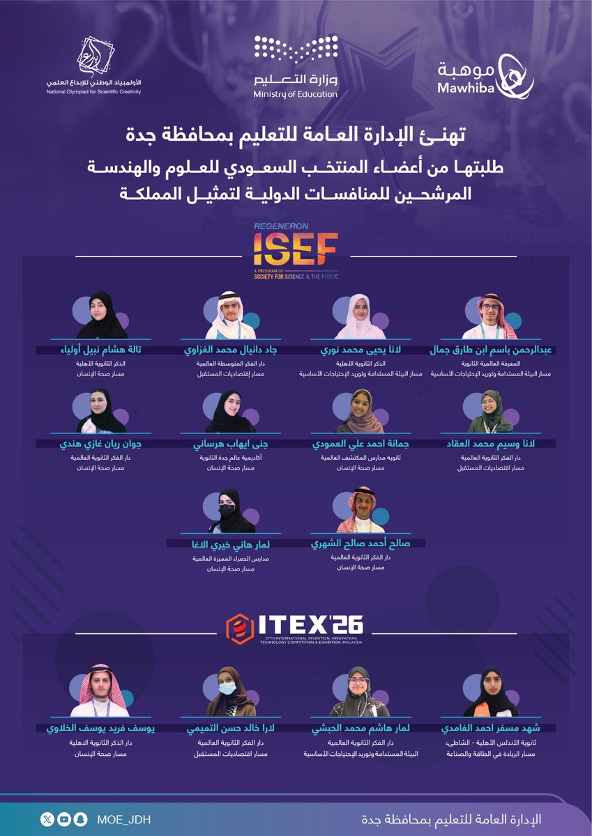 تهنئة |
يبارك #تعليم_جدة لطلبته الموهوبين ترشيحهم لتمثيل الوطن في المسابقات الدولية #آيسف_2026 ، #آيتكس_2026، راجين لهم دوام التوفيق ومواصلة التألق في المحافل العالمية.
#سعوديون_ينافسون_العالم
#وزارة_التعليم