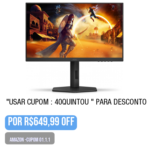 .
🛒 Compre aqui 👉🏽 amazon.com.br/gp/product/B0D…
.
💥🌟PRECINHO DA AMAZON-Cupom-01.1.2 AOC, Monitor Gamer G4 24” 180Hz, 24G4/P, 0,5ms IPS, com Ajuste de Altura
.
Use o cupom: 40QUINTOU  (na tela de pagamento)
.
😱 por R$649,99
.
.
💢 PROMOÇÃO OSCILANDO