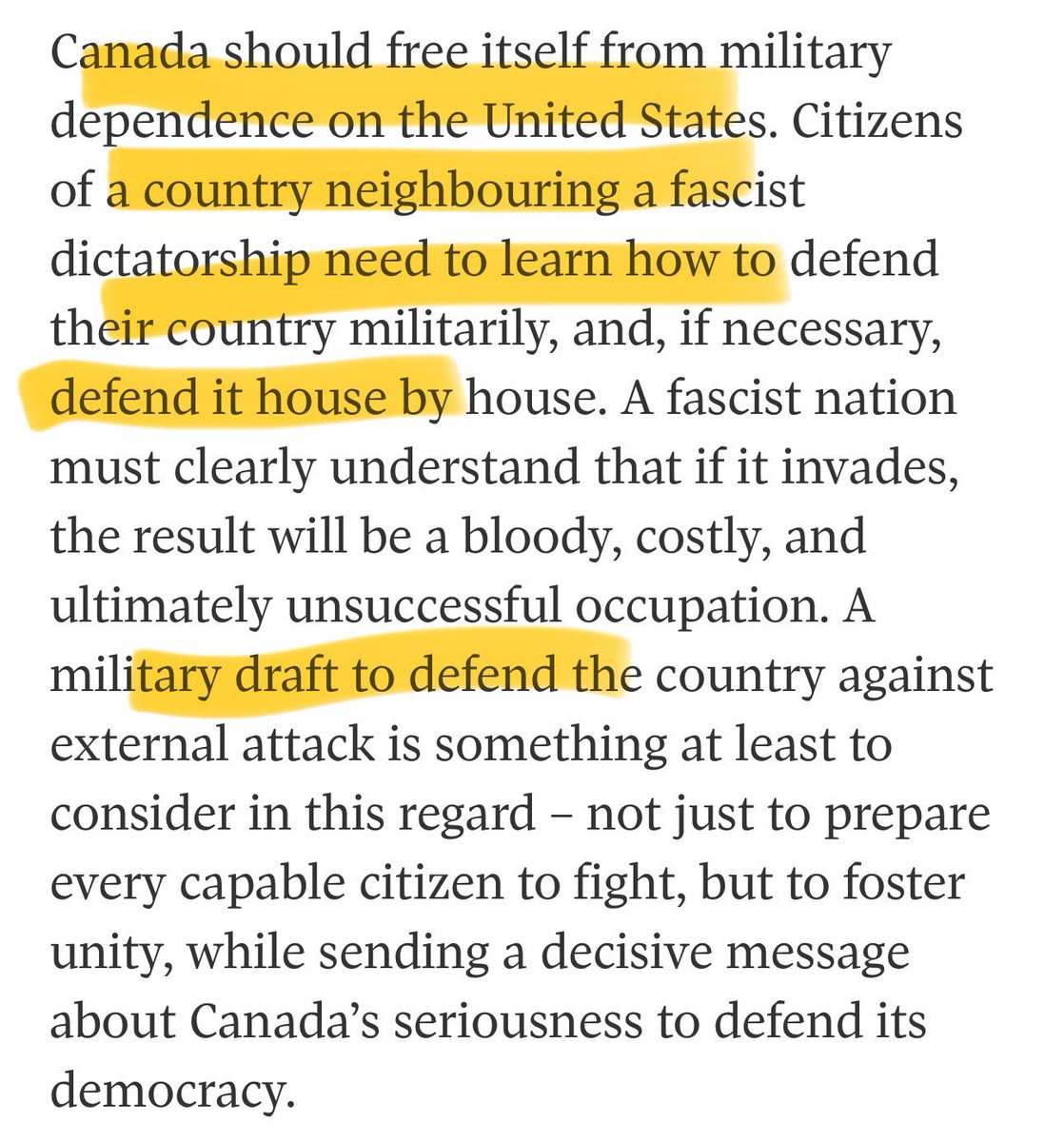 One of the battiest oped pieces I’ve seen. Here’s the author’s recipe for defending Canada from Trump
1) denounce ourselves as settler colonialists
2) bring in millions MORE settler-colonial immigrants to build weapons
3) then deploy them to fight “house to house” vs US soldiers