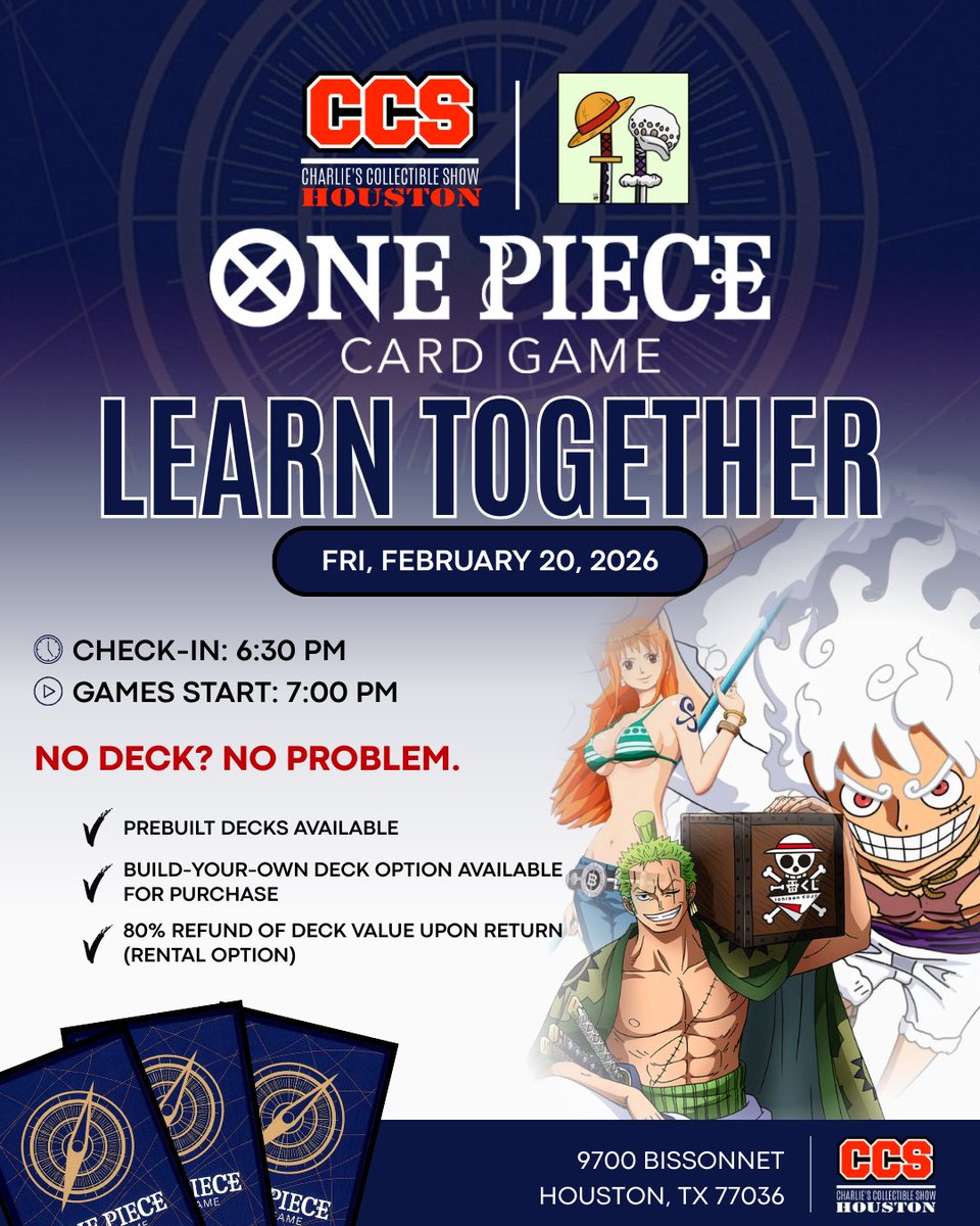 Think you missed the One Piece TCG wave? You didn’t. 🏴‍☠️ #FreeEntry

This Friday is for future Pirates! Beginner friendly. No sweat, no stomps. Learn the game, borrow a deck, and meet players who genuinely want to help.

Everyone gets prizing courtesy of Luffy’s Corner 💕