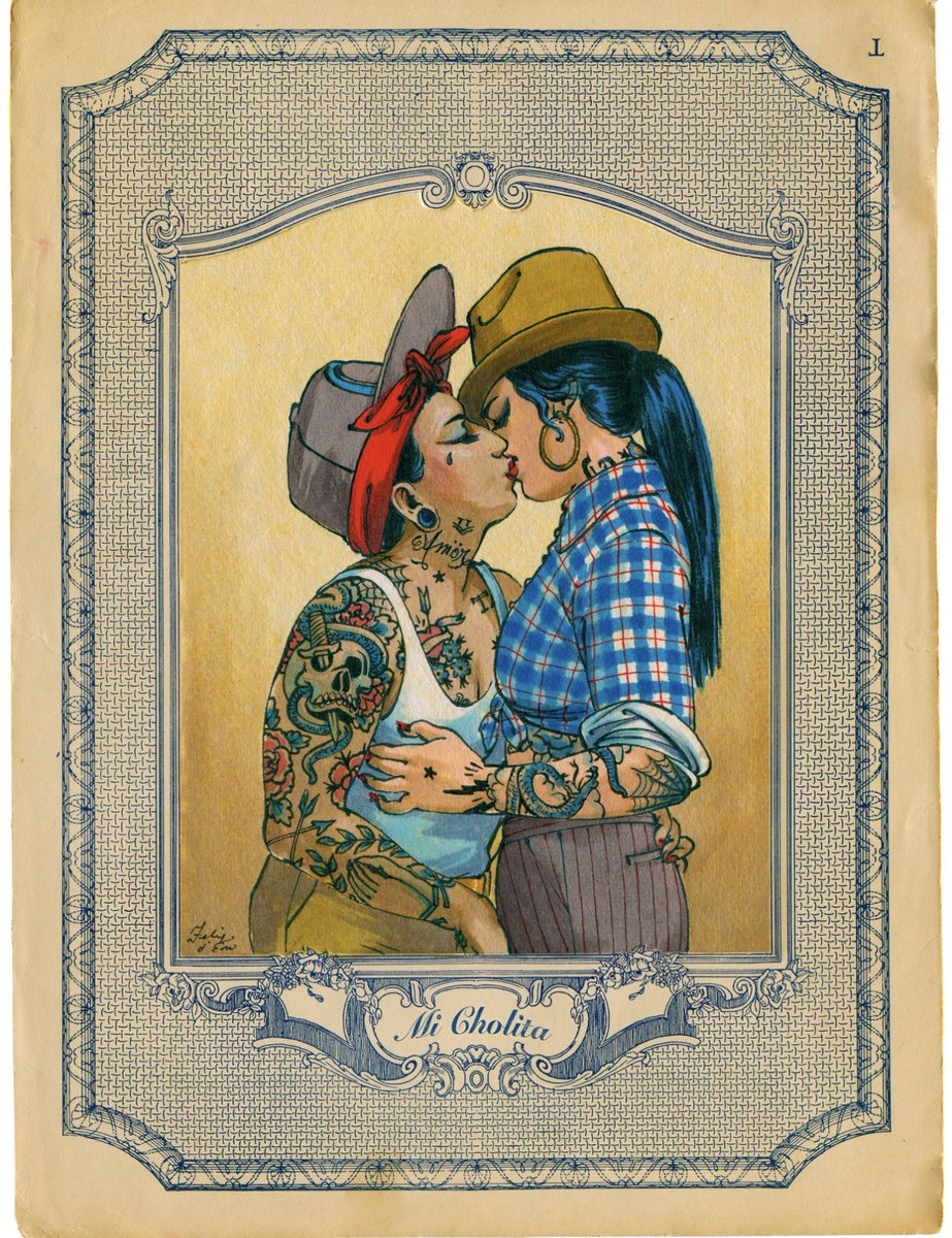 MiCorazonMexica's tweet photo. a little painting of queer Mexican women in love, Chola style. A memory of my roots in LA. Prints of this painting are now available in my Etsy shop. #chicanoartist #chicanoart #LAARTIST https://t.co/y3ecSNmoZf https://t.co/9QTEOfLJmt