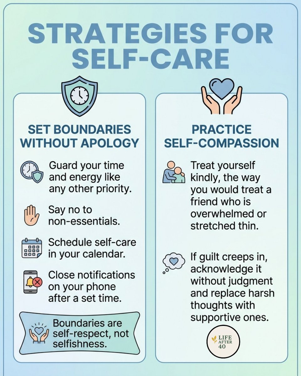 Self-care after 40 = structure.

Boundaries.
Calendar.
Notifications off.
Self-compassion.

Not indulgence.
Infrastructure.

#LifeAfter40 #SelfCare #SelfCareMatters #selflove