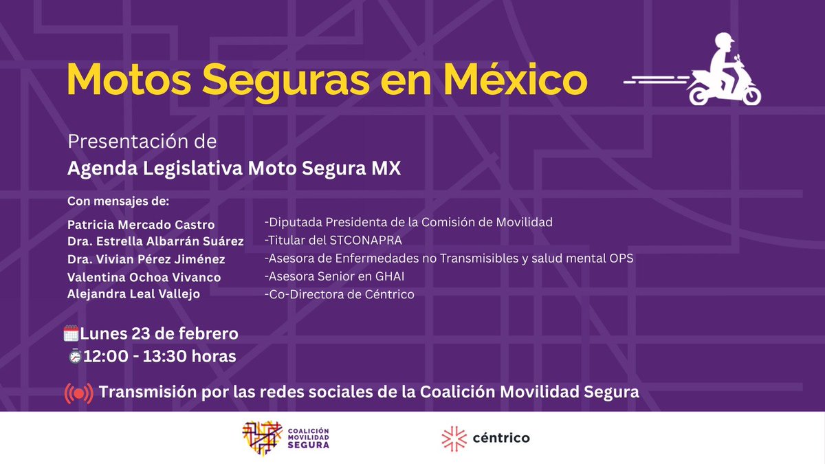 Presentamos la Agenda Legislativa Moto Segura MX, una propuesta integral para fortalecer el marco normativo y reducir muertes y lesiones graves en motocicletas en México. 

🗓 23 de febrero
🕛 12:00–13:30 hrs
📡 En vivo por nuestras redes sociales
#MotoSeguraMX