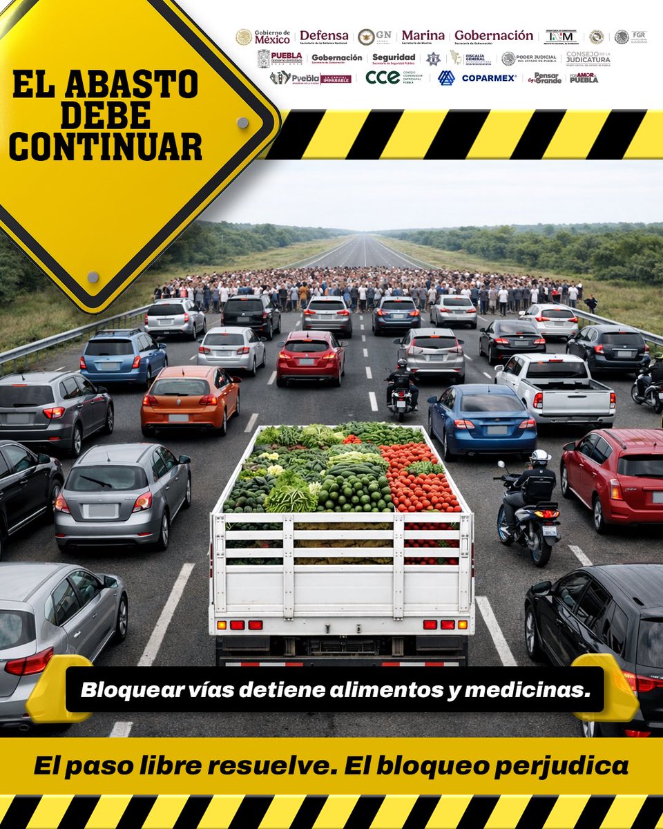 El bloqueo de vialidades afecta el suministro de alimentos y medicinas, impactando directamente a la población. Las autoridades reiteran que el paso libre favorece soluciones y protege el bienestar común frente a afectaciones innecesarias.

<a href="/Gob_Puebla/">Gobierno de Puebla</a>