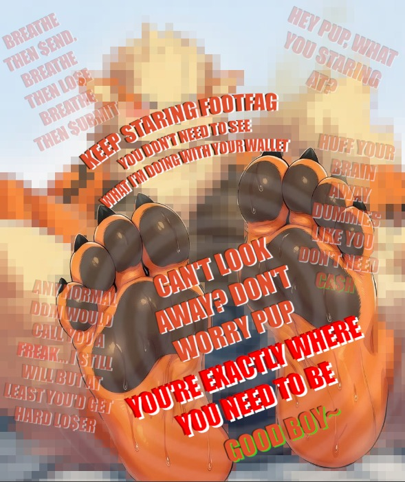 ARCASHNINE's tweet photo. When I say you gotta wor$hip Me, I mean wor$hip Me EVERYWHERE.😵‍💫
And yes, that includes my big, sweaty footpaws~
UNCEN$ORED. I didn't have my capslut edit a censored image as a special reward for them~ 
And now, it's a reward for you too~
Dive in and sniff, pup🧡 https://t.co/U7gClEqAAz