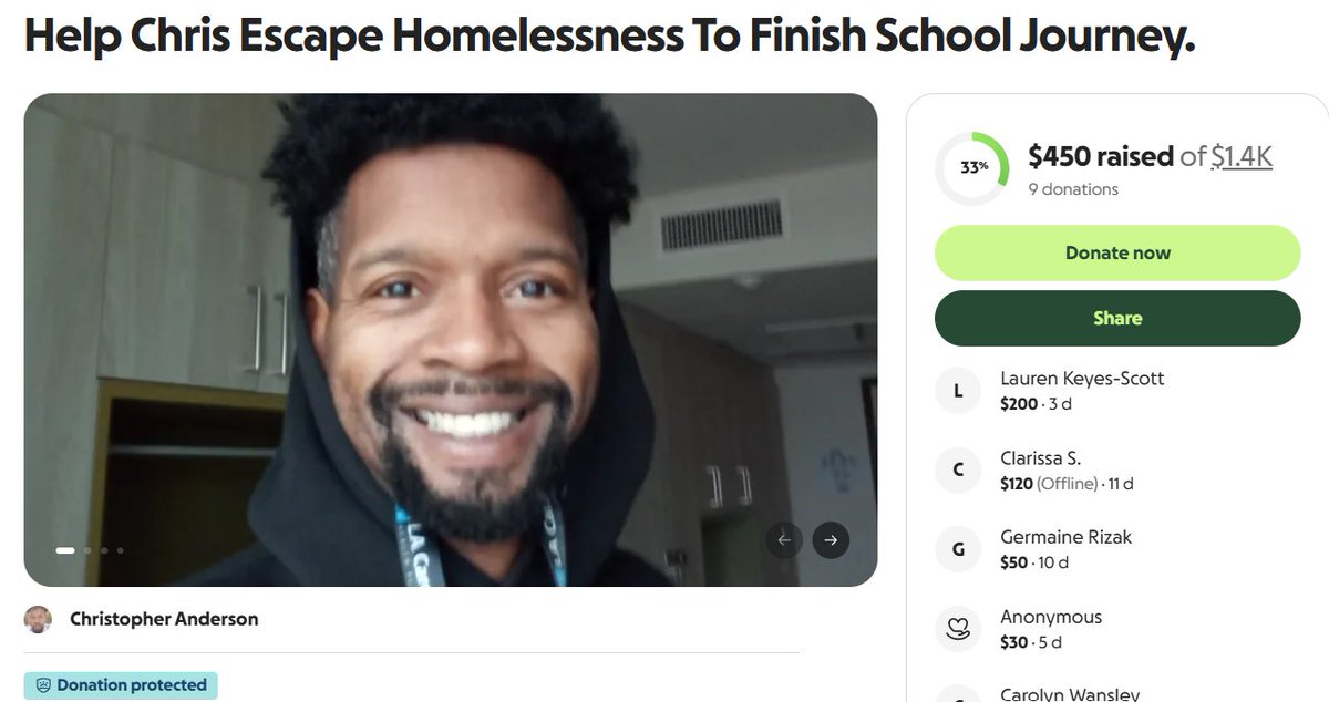 He's been there for me and I'm grateful for his friendship. He's trying to be a nurse and help others but housing is precarious. If you can please share so he can help his community and be the best version of himself. Thank you so much! (Link is down below) 
<a href="/CANDER333/">Chris Anderson</a>