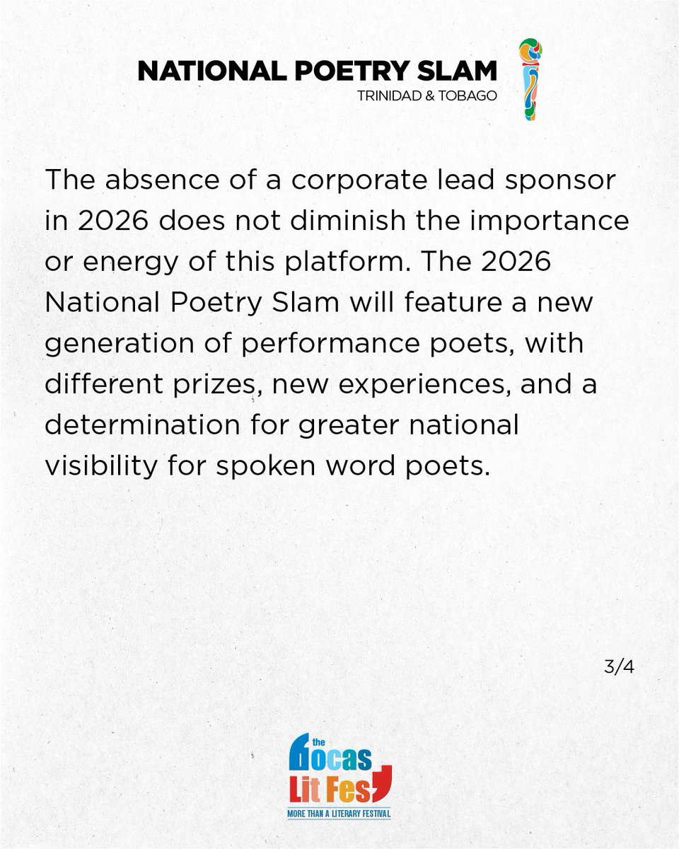 nationalslamtt's tweet photo. The NPS Grand Slam will once again take its traditional place as the energy-packed closing event of the Bocas Lit Fest, Trinidad and Tobago's annual festival of stories and ideas, on Sunday May 3, 2026. https://t.co/hDAZoU2LhL