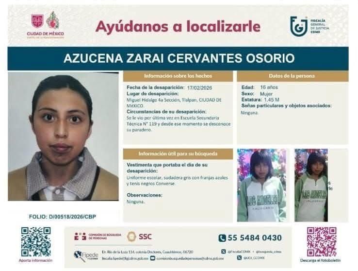 cblanc91's tweet photo. Se pide de su apoyo en compartir para la pronta localización de AZUCENA ZARAI CERVANTES OSORIO fue vista por última vez en la Secundaria Técnica no. 119 en la @TlalpanAl
@FiscaliaCDMX @reporte_ac @Gabyosoriohdz @GobiernoMX @ClaraBrugadaM https://t.co/5s5JVBlALy