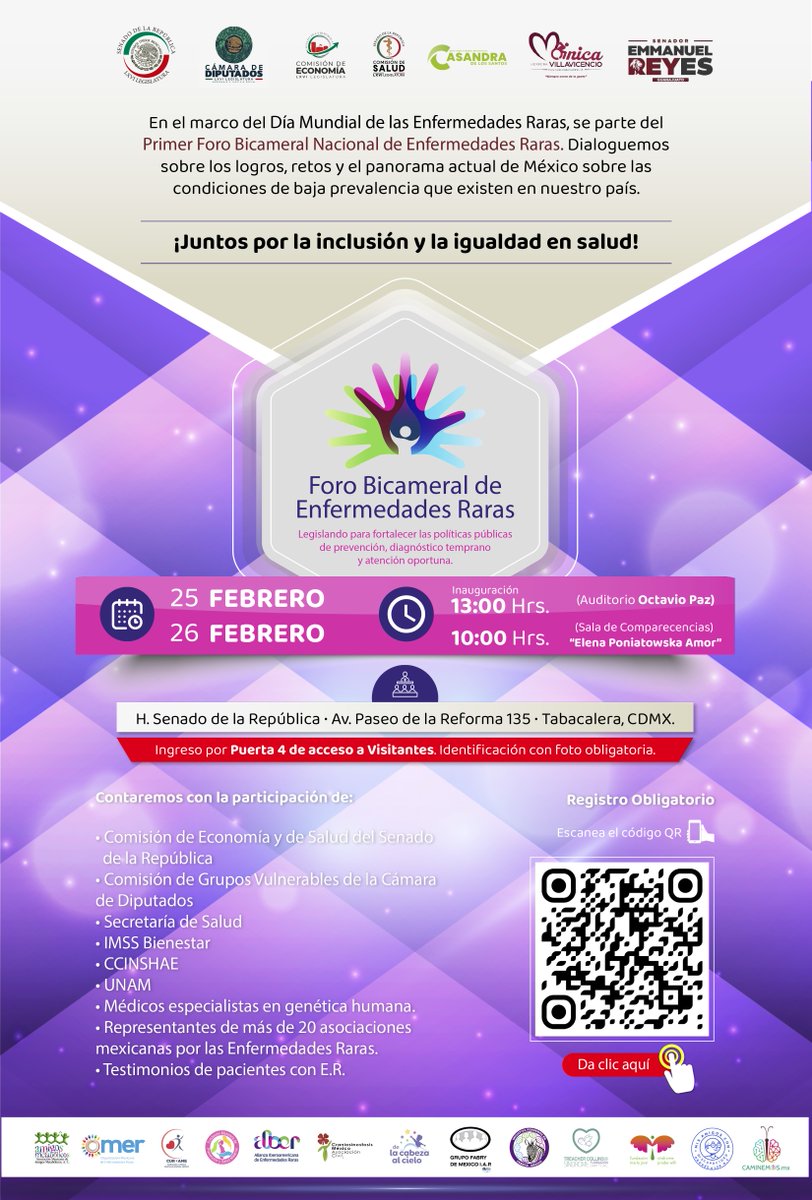 📌 El senador <a href="/EmmanuelReyesC/">Emmanuel Reyes</a> invita al Foro Bicameral de Enfermedades Raras: legislando para fortalecer las políticas públicas de prevención, diagnóstico temprano y atención oportuna.

🗓️ 25 y 26 de febrero.
⌚ 13:00 horas.
📍 Senado de la República.