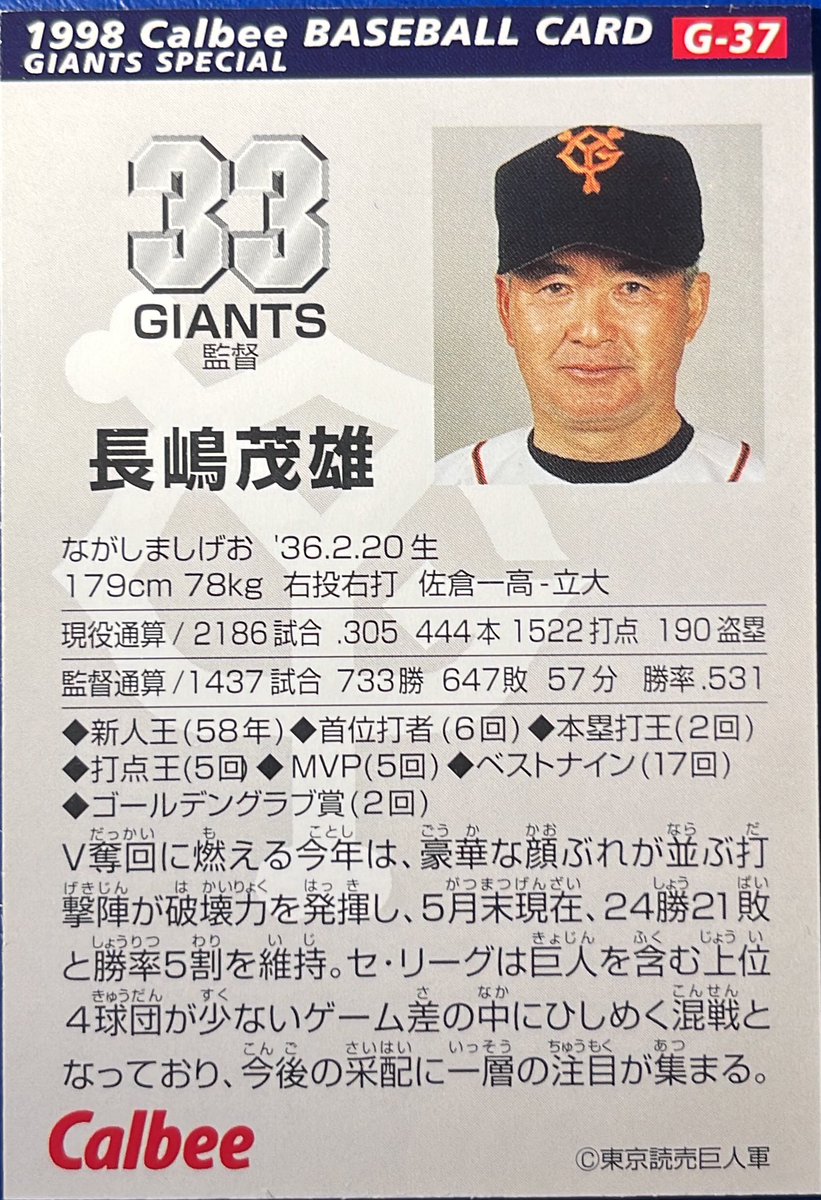 HappyBirthday 1998 G-37 長嶋茂雄(巨人) #プロ野球チップス #2月20日