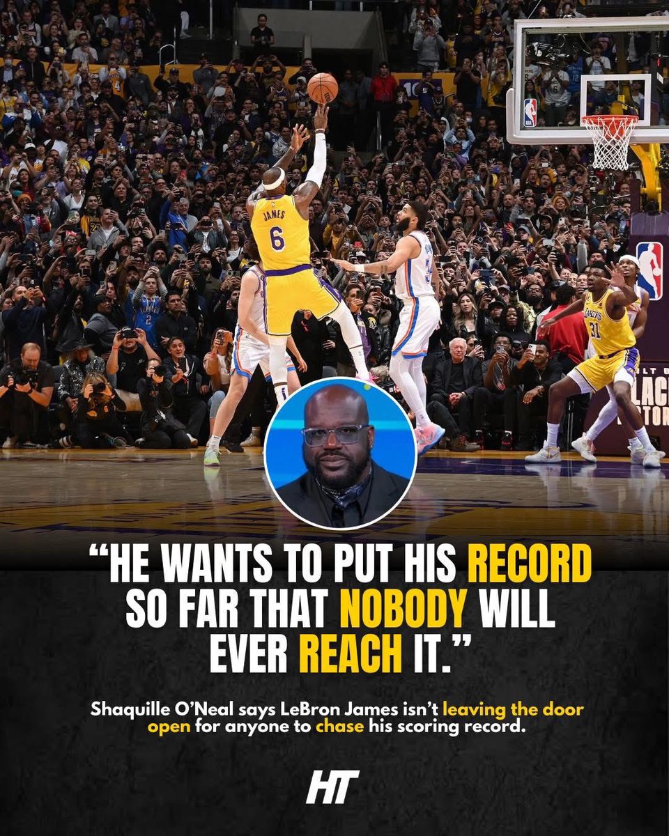 Shaquille O’Neal believes LeBron James doesn’t want to leave any opening for anyone to even think about chasing his scoring record:

“Knowing him and his team since high school, I think he will definitely set up a farewell tour, so I’m not really worried about that. But you know,