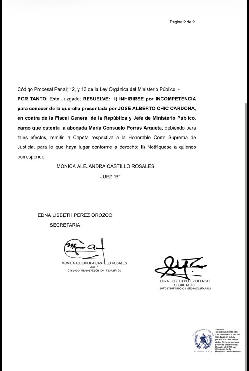 #Justicia |
El Juzgado Séptimo Penal remitió a la Corte Suprema de Justicia la querella presentada por el diputado <a href="/Josechic86/">José Chic</a> contra la fiscal general María Consuelo Porras. Ahora la CSJ deberá analizar si retira o no la inmunidad que la protege.