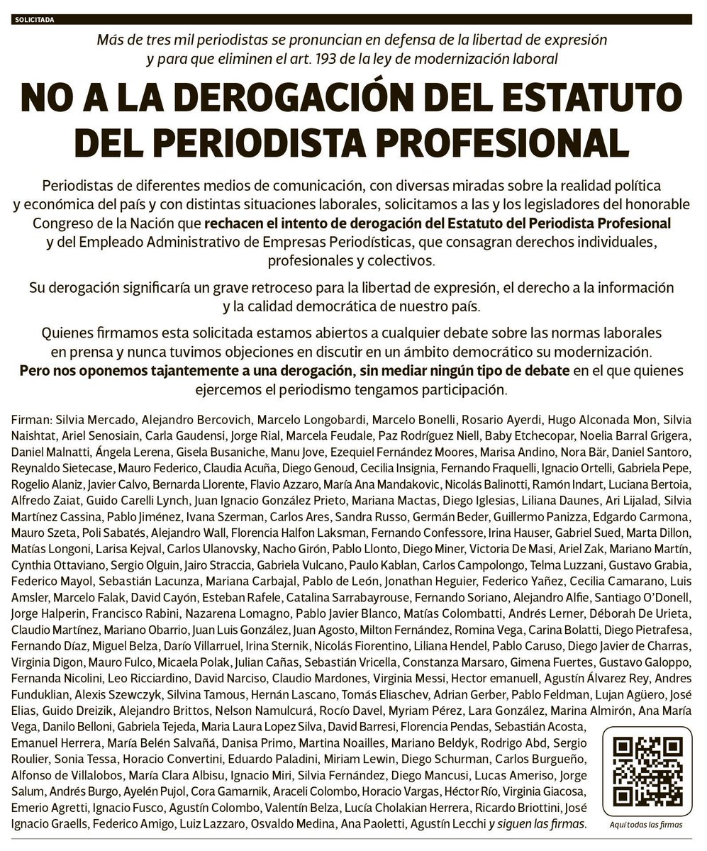 📢#DefendemosElEstatutoDelPeriodista por la libertad de expresión, porque es una herramienta fundamental para nuestra actividad, por el derecho a la sociedad a informarse. 

‼️Su derogación implicaría un grave retroceso para la democracia: #NoALaReformaLaboral