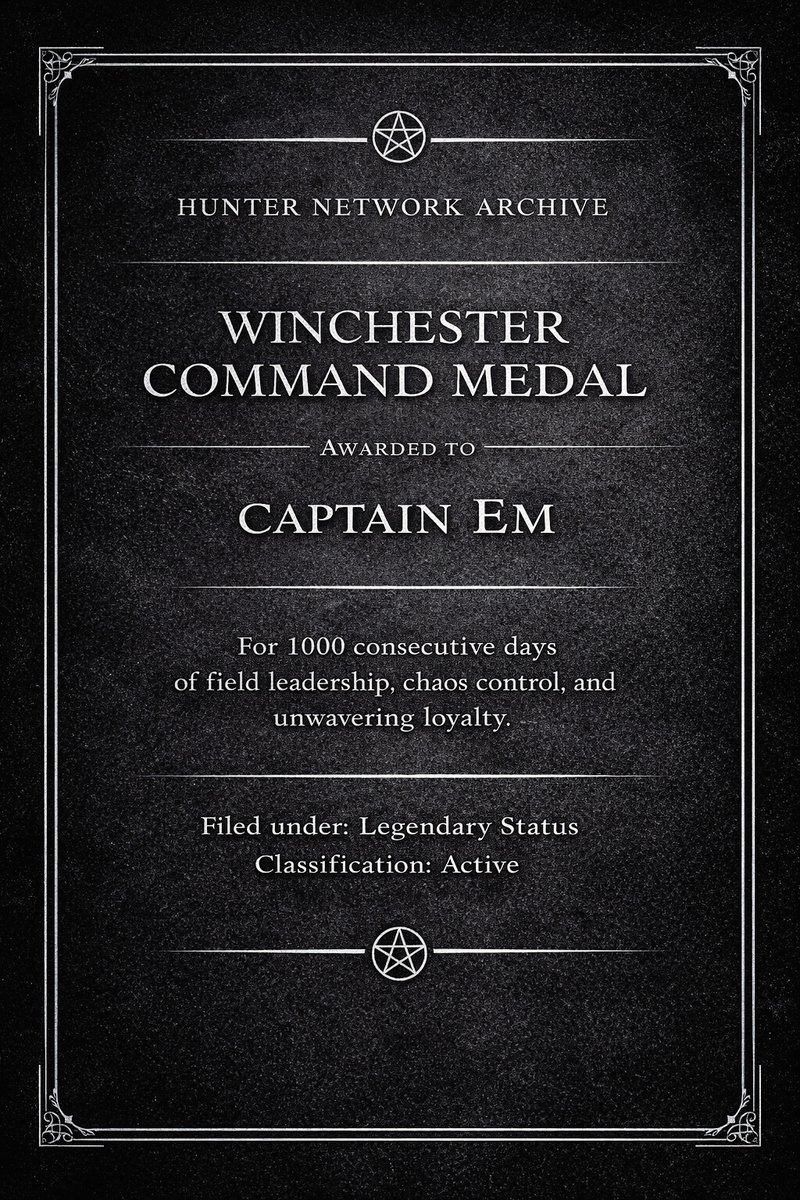 After 1000 days of field leadership in Mission Hot Ones...

Captain <a href="/EmilieDK87/">Em-Denmark</a> has entered Legendary Status. 

In the presence of Sam &amp; Dean Winchester ( <a href="/jarpad/">Jared Padalecki</a> &amp; <a href="/JensenAckles/">Jensen Ackles</a> ) &amp; our #SPNFamily

I'd like to present this to Cptn. Em 🫡