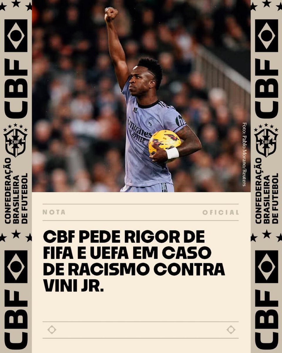 theMadridZone's tweet image. 🚨 BREAKING: Brazil Football Federation has demanded a complete investigation and punishment by FIFA and UEFA in the racism incident against Vini Jr. in Lisbon vs Benfica.