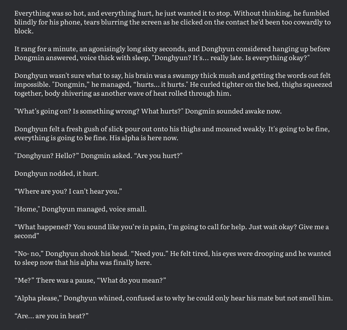 the calendar doesn’t control me. if i say it’s #wipweds then it’s wednesday. so here’s another sneak peak of the gfz exes to lovers abo fic 😚