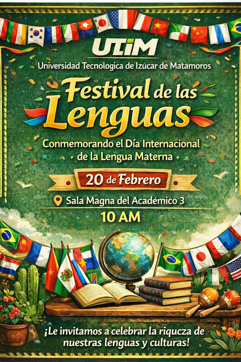 🌍✨ UTIM te invita al Festival de las Lenguas.
20 feb | 10:00 a.m. | Sala Magna del Académico 3
Celebremos la diversidad cultural y lingüística 📚.
#FestivalDeLasLenguas #UTIM