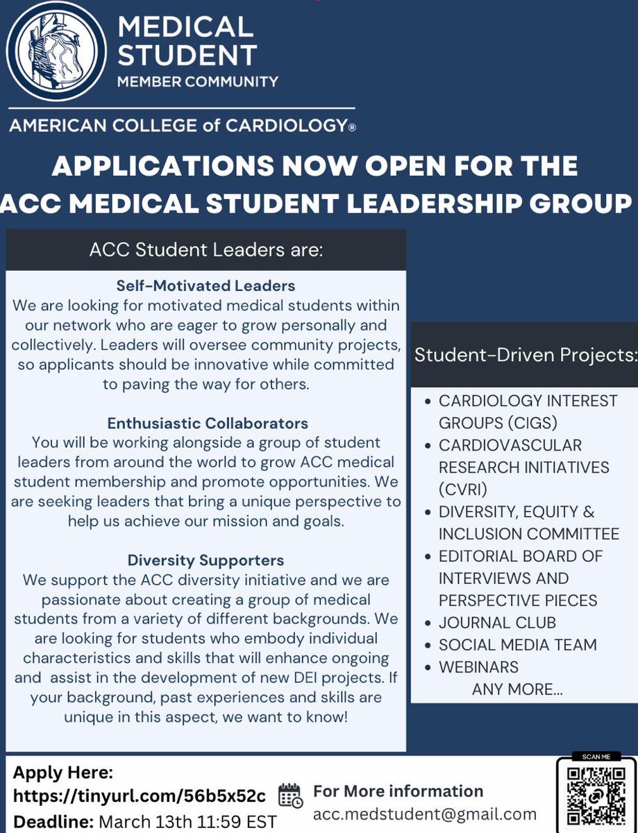 amikacinie's tweet photo. 🫀Applications are now open for MSLG positions for the 2026–2027 term!
Ready to lead, serve, and make an impact in the field of Cardiology as a medical student?

🗓️ Apply now! https://t.co/xHVObYkJZb  

#ACCMedStudent #ACCMSLG #ACC https://t.co/SfXN7db8xi
