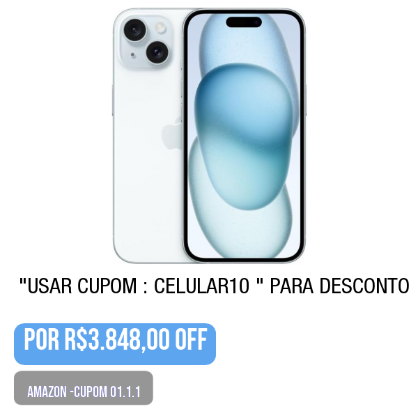 .
🛒 Compre aqui 👉🏽 amazon.com.br/gp/product/B0C…
.
💥🌟PRECINHO DA AMAZON-Cupom-01.1.1Apple iPhone 15 (128 GB) — Azul
.
Use o cupom: CELULAR10  (na tela de pagamento)
.
😱 por R$3.848,00
.
.
💢 PROMOÇÃO OSCILANDO