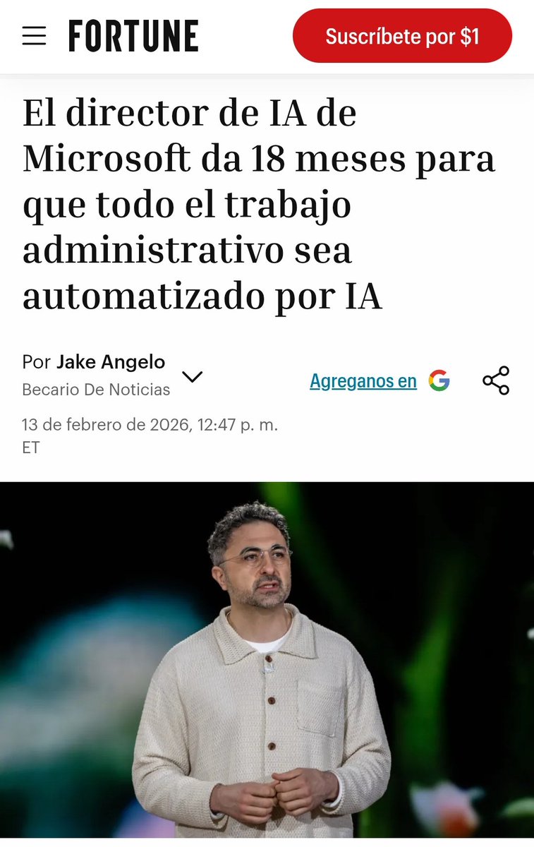 Mustafa Suleyman, CEO de Microsoft AI, predice quel trabajo administrativo está al borde de una transformación radical en 18 meses hasta que esos graduados de derecho y MBA, y muchos colegas con menos credenciales, se queden sin suerte

fortune.com/2026/02/13/whe…