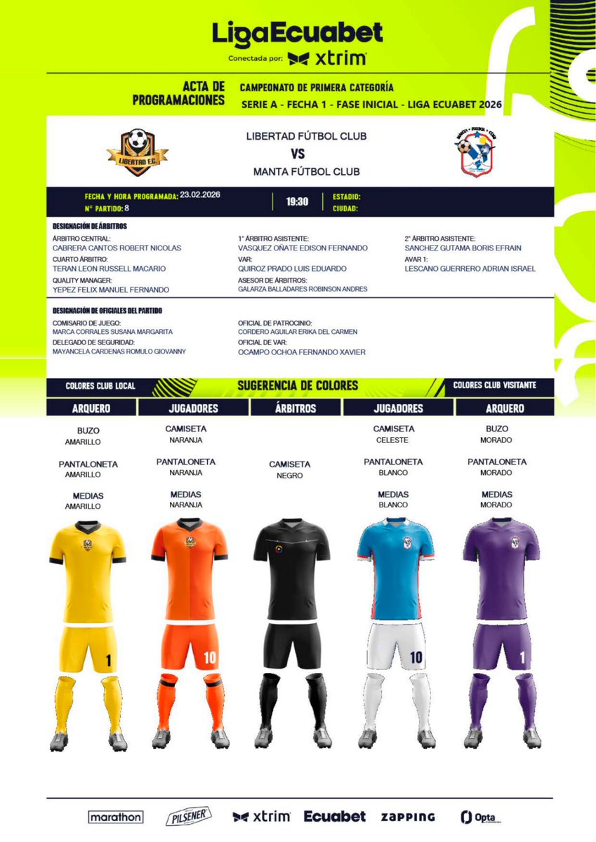 Lista la designación de árbitros y autoridades en la 1ra fecha LigaPro serie B, encuentro Libertad FC vs Manta FC. 
Novedad que aún no registra escenario. 
#DeporteActive