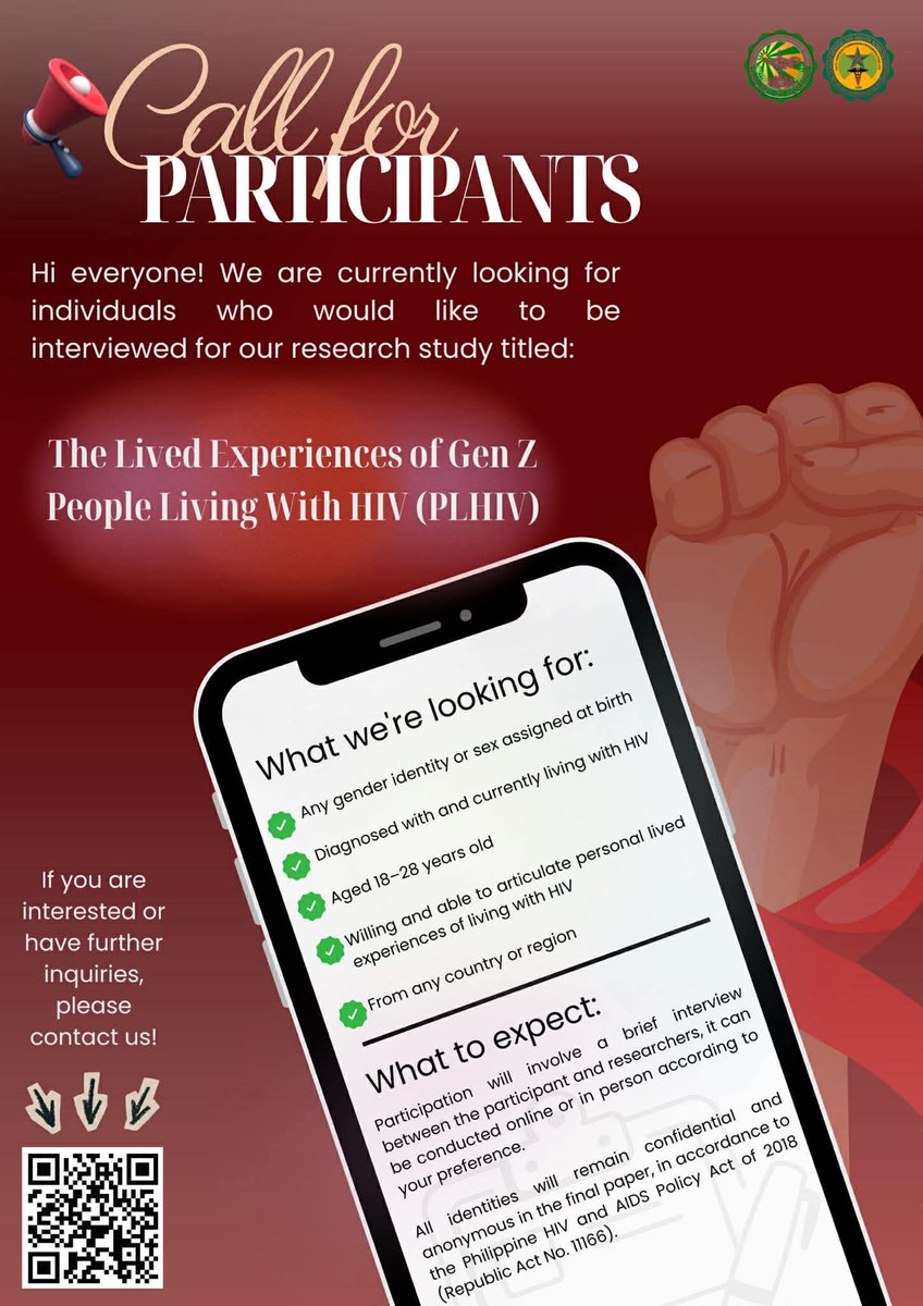 Helping out a friend for their study entitled “The Lived Experiences of Gen Z PLHIV”. They need participants to be interviewed to present their untold stories as PLHIV.

DM for those interested and willing to participate in the study.

#HIVAwareness #GenZ #PLHIV #thesis